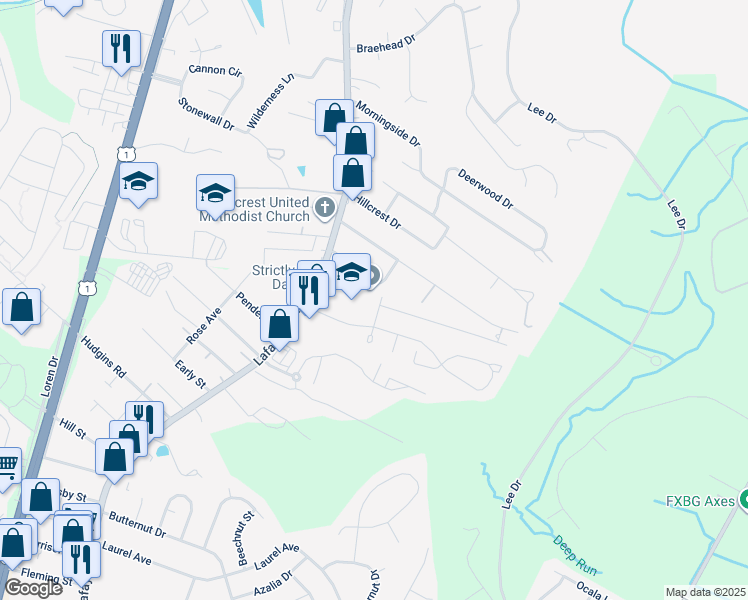 map of restaurants, bars, coffee shops, grocery stores, and more near 120 Farrell Lane in Fredericksburg
