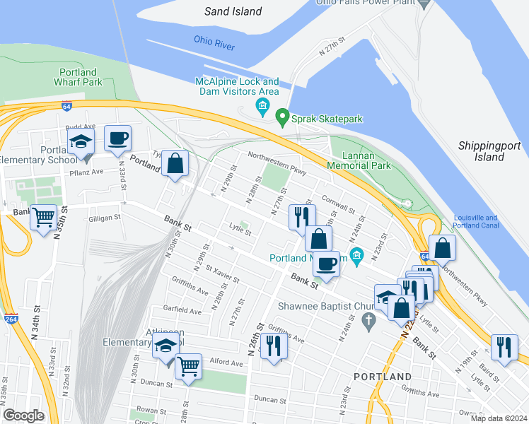 map of restaurants, bars, coffee shops, grocery stores, and more near 600 North 27th Street in Louisville