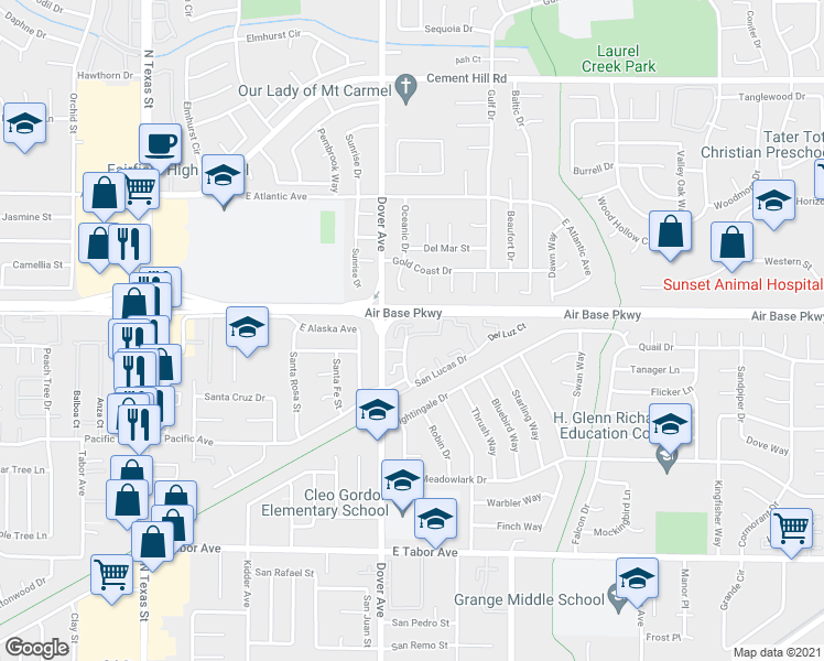 map of restaurants, bars, coffee shops, grocery stores, and more near 32 El Basset Court in Fairfield