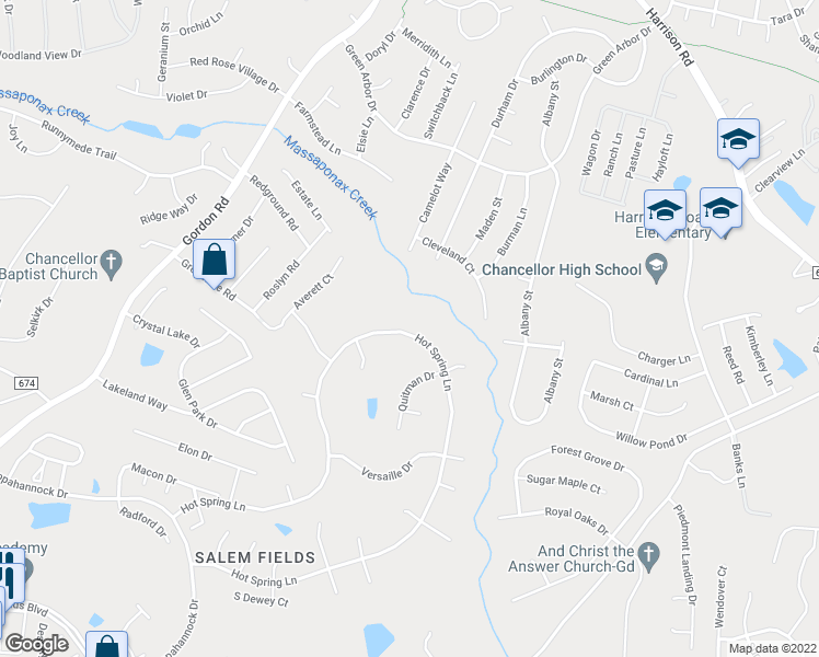 map of restaurants, bars, coffee shops, grocery stores, and more near 6230 Hot Spring Lane in Fredericksburg
