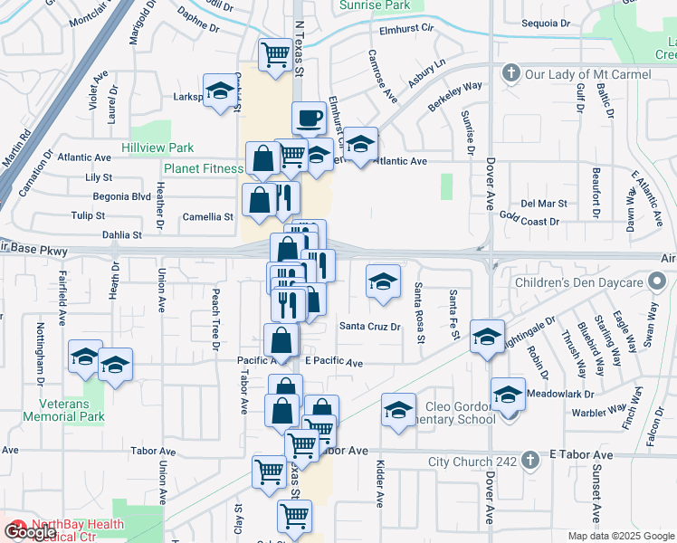 map of restaurants, bars, coffee shops, grocery stores, and more near 201 East Alaska Avenue in Fairfield