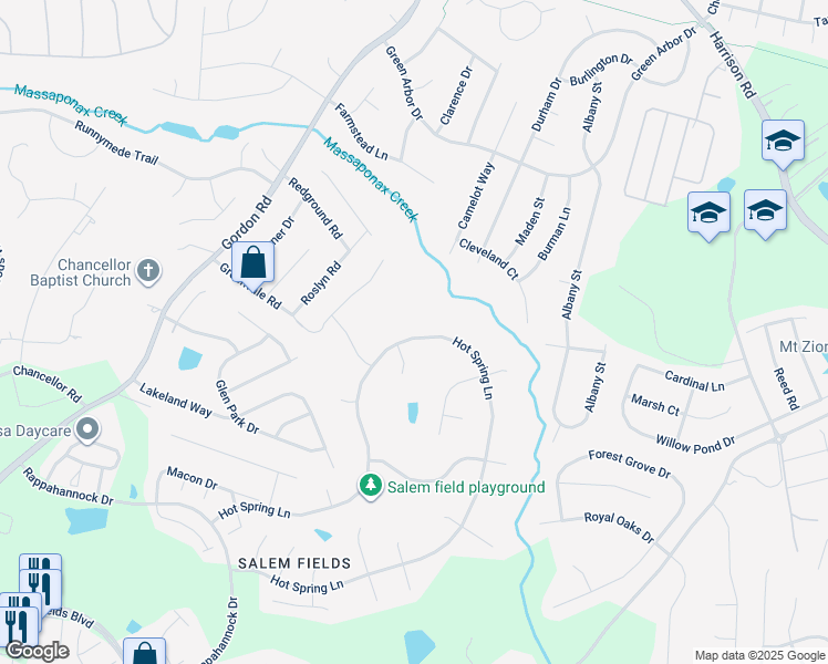map of restaurants, bars, coffee shops, grocery stores, and more near 6218 Hot Spring Lane in Fredericksburg