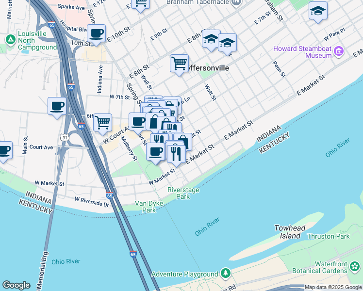 map of restaurants, bars, coffee shops, grocery stores, and more near 123 East Chestnut Street in Jeffersonville