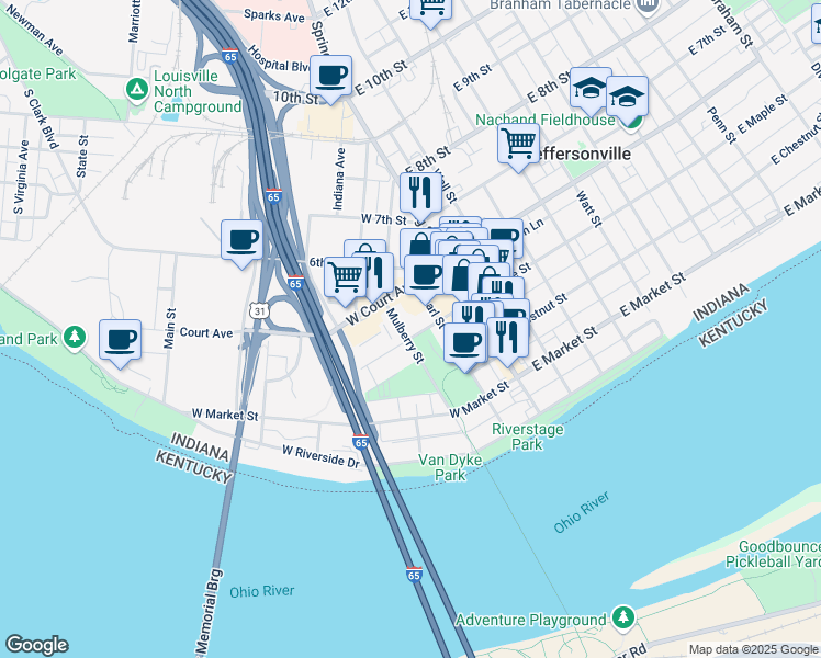 map of restaurants, bars, coffee shops, grocery stores, and more near 401 Pearl Street in Jeffersonville