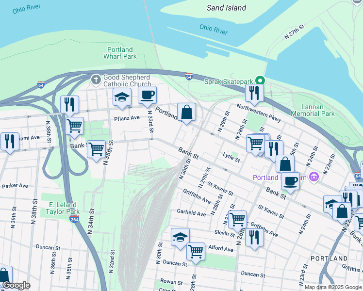 map of restaurants, bars, coffee shops, grocery stores, and more near 511 North 31st Street in Louisville