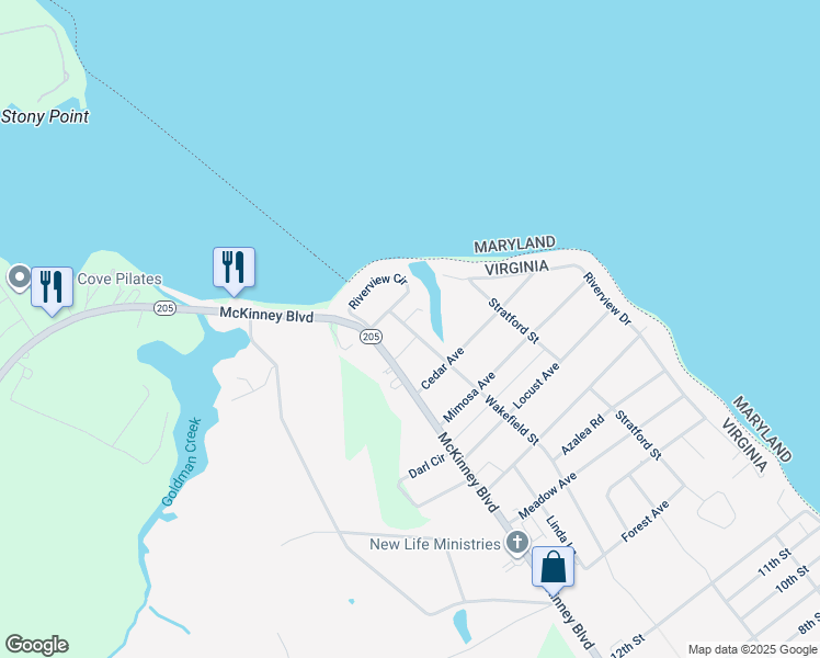 map of restaurants, bars, coffee shops, grocery stores, and more near 3504 Wakefield Street in Colonial Beach
