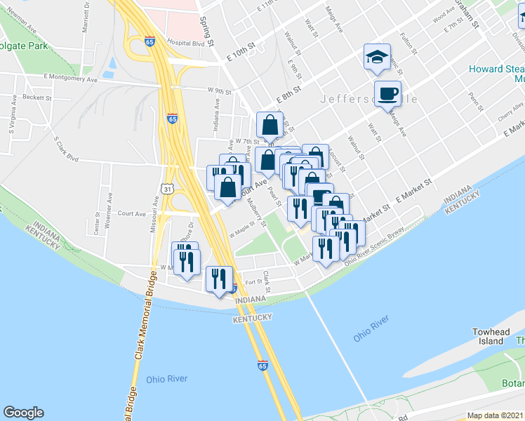 map of restaurants, bars, coffee shops, grocery stores, and more near 401 Pearl Street in Jeffersonville