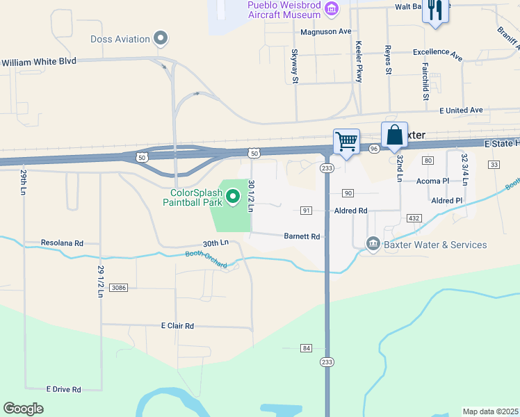 map of restaurants, bars, coffee shops, grocery stores, and more near 30577 Aldred Road in Pueblo