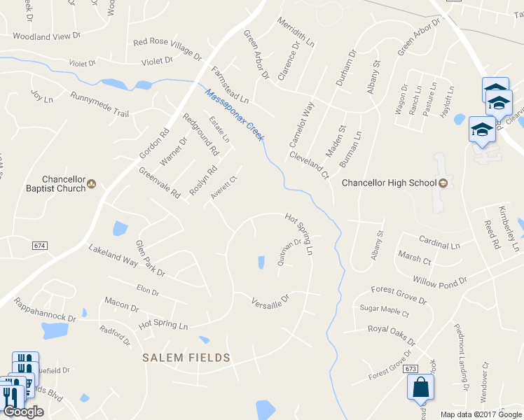 map of restaurants, bars, coffee shops, grocery stores, and more near 6218 Hot Spring Lane in Fredericksburg