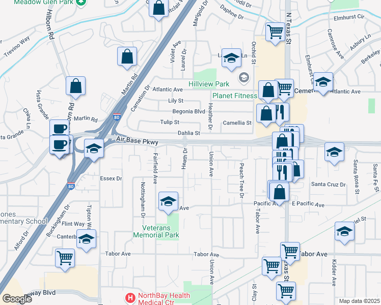 map of restaurants, bars, coffee shops, grocery stores, and more near 2450 Peach Tree Drive in Fairfield
