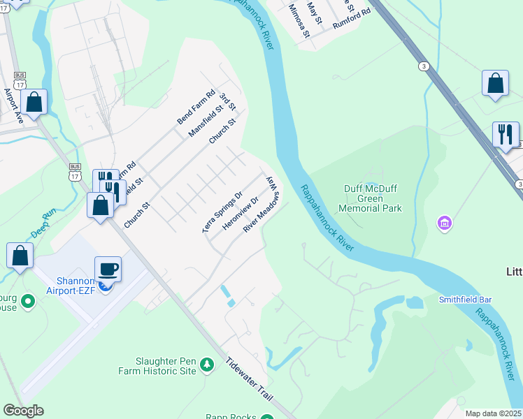 map of restaurants, bars, coffee shops, grocery stores, and more near 11604 River Meadows Way in Fredericksburg