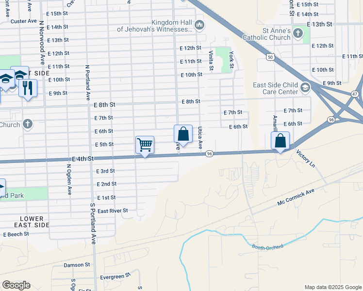 map of restaurants, bars, coffee shops, grocery stores, and more near 2102 East 5th Street in Pueblo