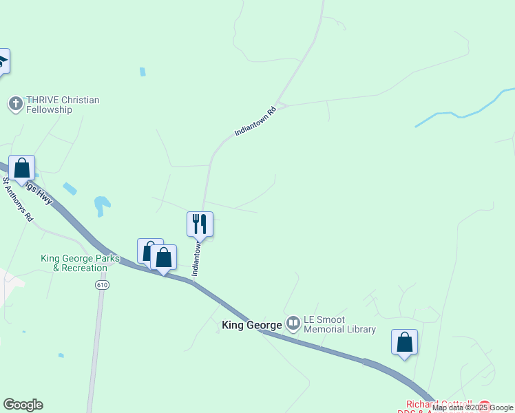 map of restaurants, bars, coffee shops, grocery stores, and more near 9357 Hickory Lane in King George