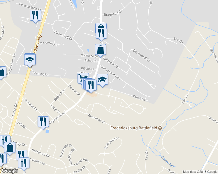 map of restaurants, bars, coffee shops, grocery stores, and more near 124 Farrell Lane in Fredericksburg