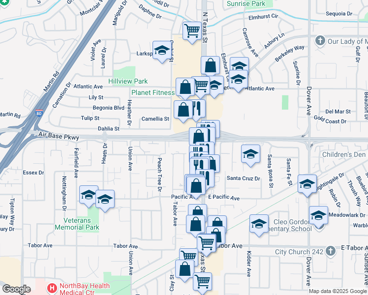 map of restaurants, bars, coffee shops, grocery stores, and more near 205 Alaska Avenue in Fairfield