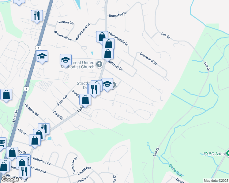 map of restaurants, bars, coffee shops, grocery stores, and more near 124 Farrell Lane in Fredericksburg