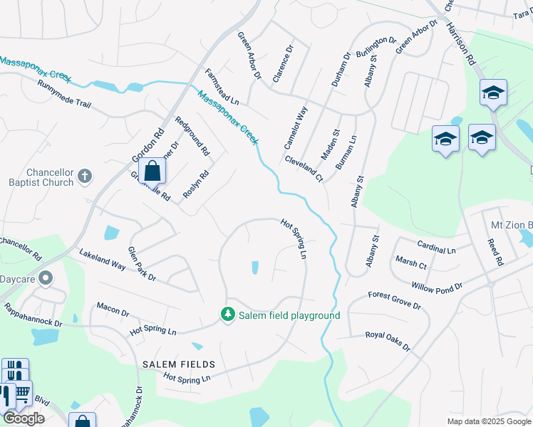 map of restaurants, bars, coffee shops, grocery stores, and more near 6224 Hot Spring Lane in Fredericksburg