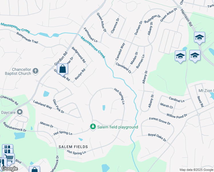 map of restaurants, bars, coffee shops, grocery stores, and more near 6222 Hot Spring Lane in Fredericksburg