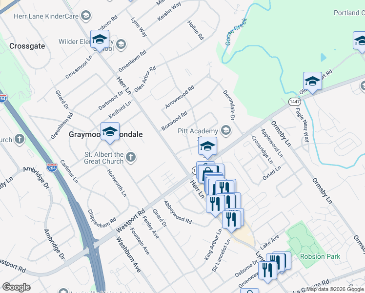 map of restaurants, bars, coffee shops, grocery stores, and more near 1505 Herr Lane in Louisville