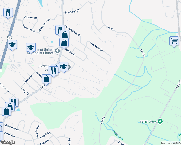 map of restaurants, bars, coffee shops, grocery stores, and more near 165 Longstreet Avenue in Fredericksburg