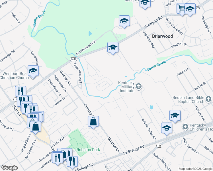 map of restaurants, bars, coffee shops, grocery stores, and more near 8402 Eagle Creek Drive in Lyndon