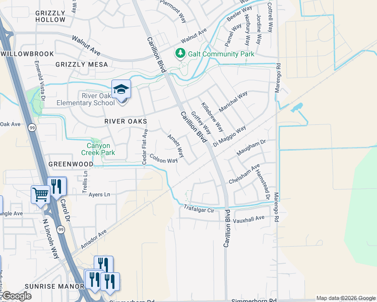 map of restaurants, bars, coffee shops, grocery stores, and more near 670 Trammel Way in Galt
