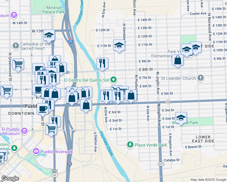map of restaurants, bars, coffee shops, grocery stores, and more near 704 East 6th Street in Pueblo