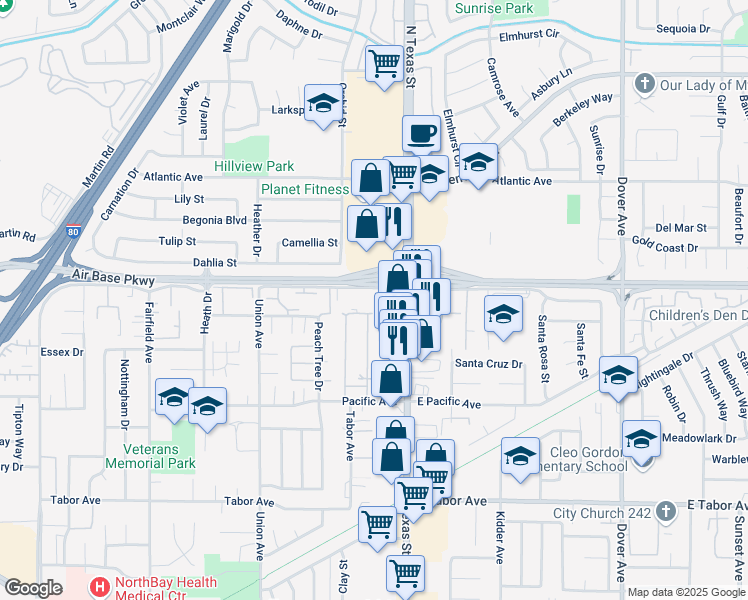 map of restaurants, bars, coffee shops, grocery stores, and more near 131 Alaska Avenue in Fairfield