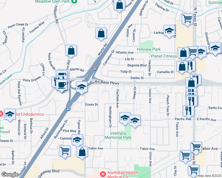 map of restaurants, bars, coffee shops, grocery stores, and more near 1077 Alaska Avenue in Fairfield