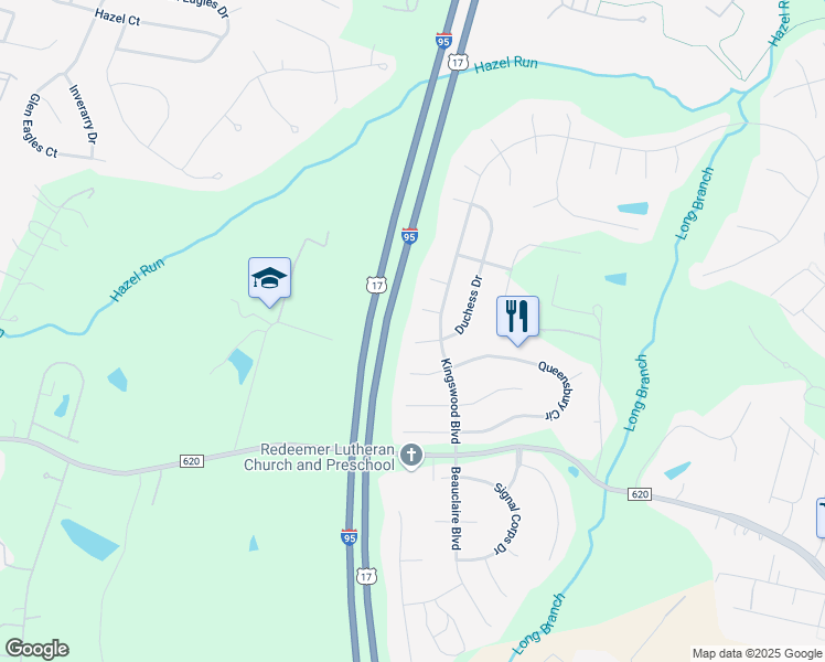 map of restaurants, bars, coffee shops, grocery stores, and more near 11502 Duchess Drive in Fredericksburg