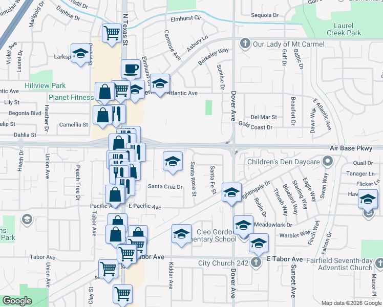 map of restaurants, bars, coffee shops, grocery stores, and more near 346 East Alaska Avenue in Fairfield