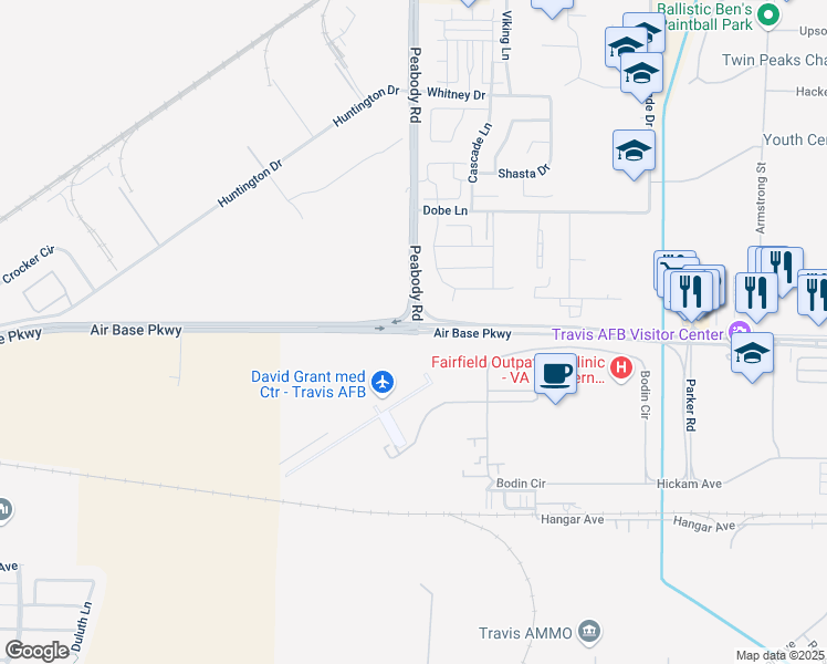 map of restaurants, bars, coffee shops, grocery stores, and more near Air Base Pkwy & Peabody Rd in Fairfield