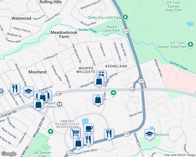 map of restaurants, bars, coffee shops, grocery stores, and more near 9810 Tucson Court in Louisville