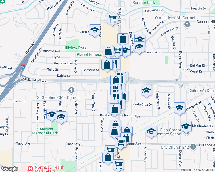 map of restaurants, bars, coffee shops, grocery stores, and more near 131 Alaska Avenue in Fairfield