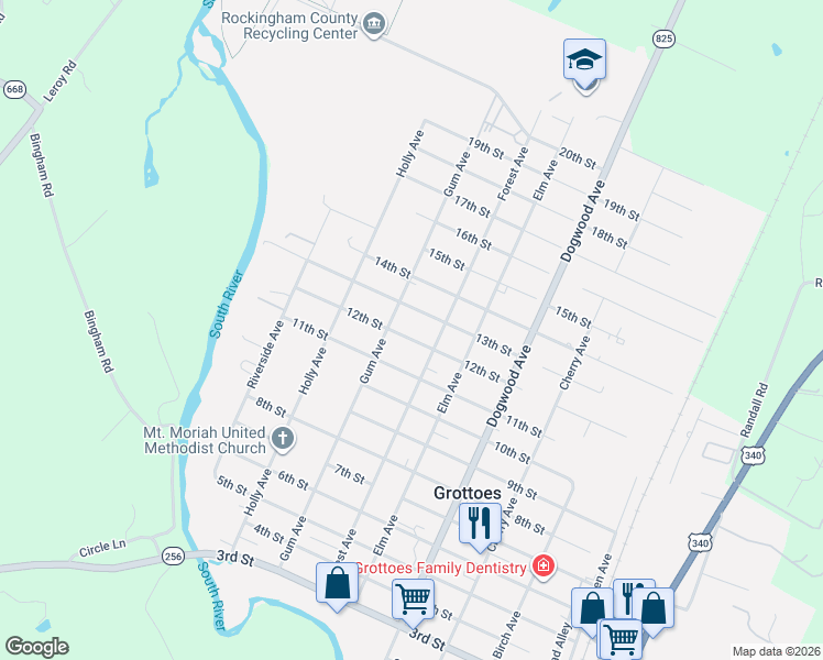 map of restaurants, bars, coffee shops, grocery stores, and more near 606 12th St in Grottoes