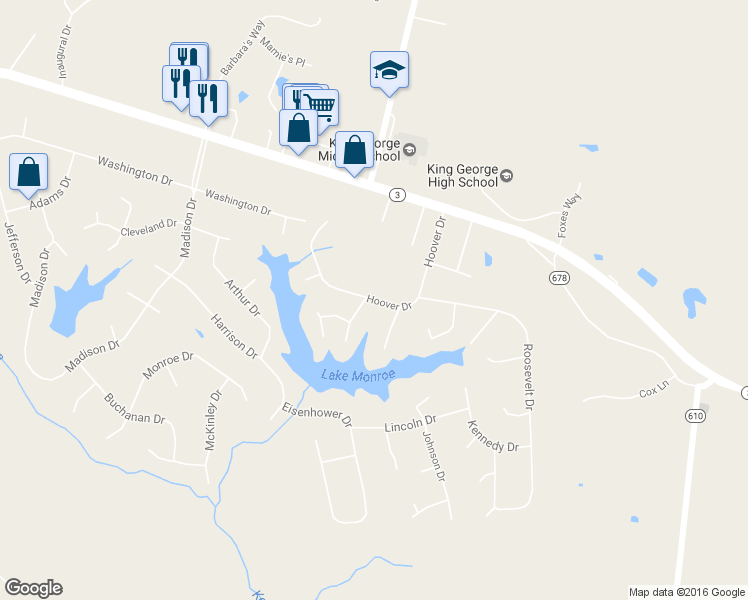 map of restaurants, bars, coffee shops, grocery stores, and more near 8276 Hoover Drive in King George