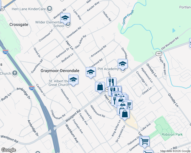 map of restaurants, bars, coffee shops, grocery stores, and more near 1505 Herr Lane in Louisville
