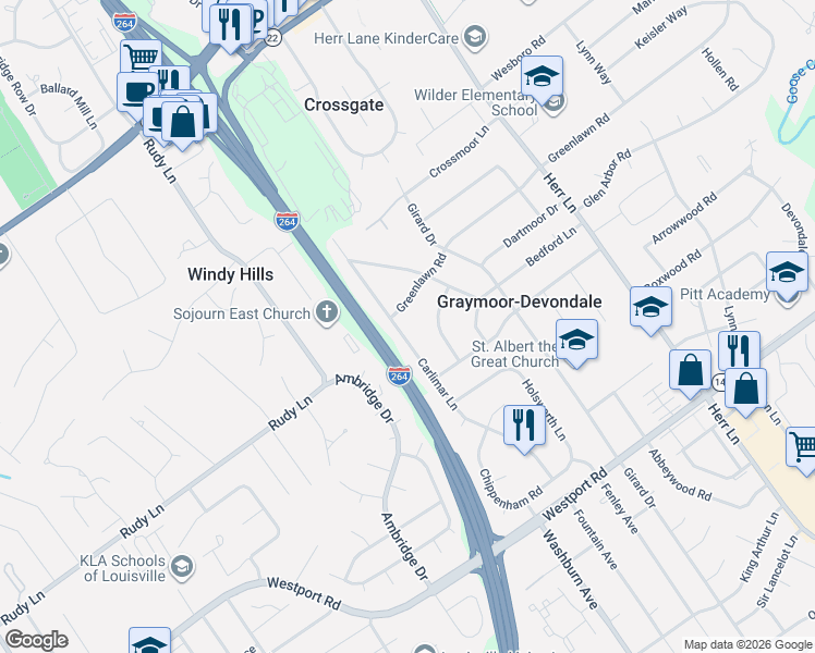 map of restaurants, bars, coffee shops, grocery stores, and more near 1415 Carlimar Lane in Louisville