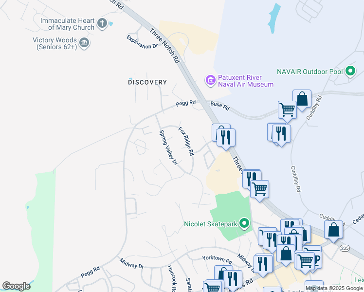 map of restaurants, bars, coffee shops, grocery stores, and more near 46538 Majestic Court in Lexington Park