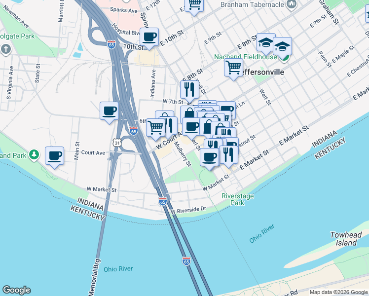 map of restaurants, bars, coffee shops, grocery stores, and more near 401 Pearl Street in Jeffersonville