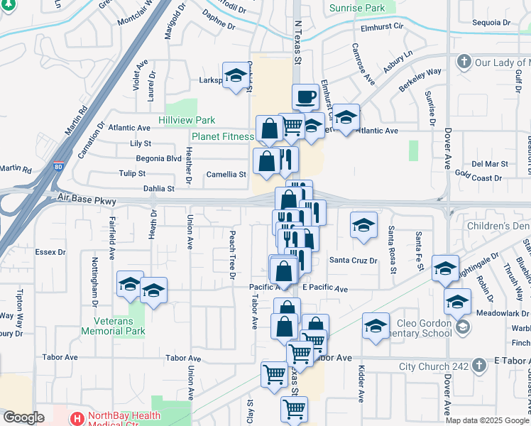 map of restaurants, bars, coffee shops, grocery stores, and more near 131 Alaska Avenue in Fairfield