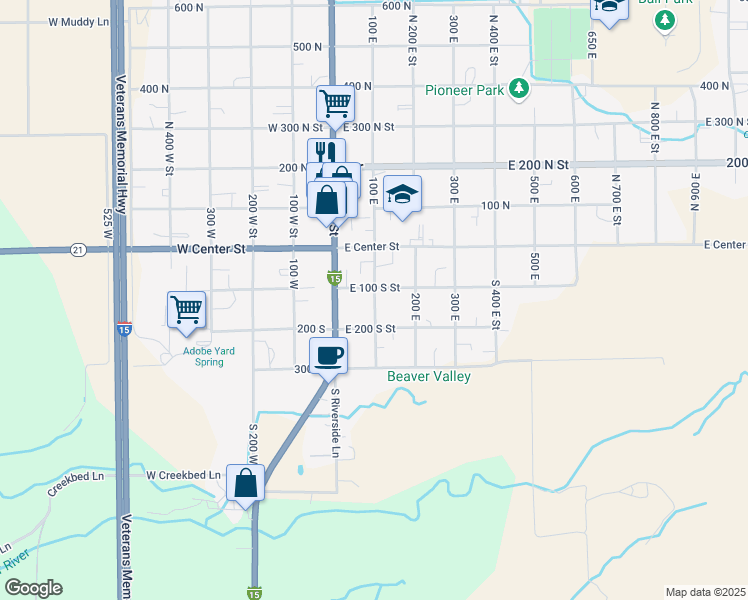 map of restaurants, bars, coffee shops, grocery stores, and more near 130 South 100 East Street in Beaver
