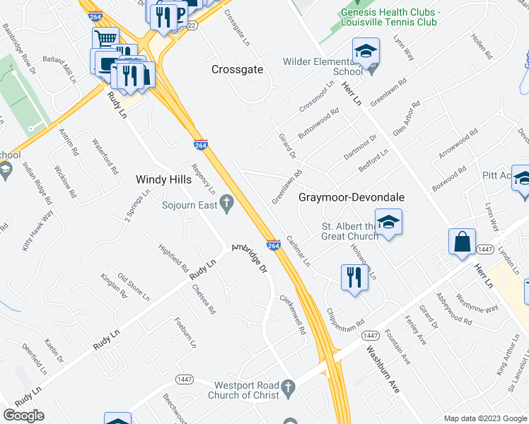 map of restaurants, bars, coffee shops, grocery stores, and more near 1420 Carlimar Lane in Louisville