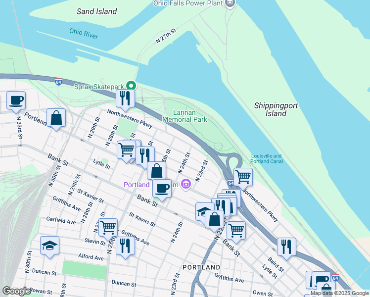 map of restaurants, bars, coffee shops, grocery stores, and more near 2408 Northwestern Parkway in Louisville