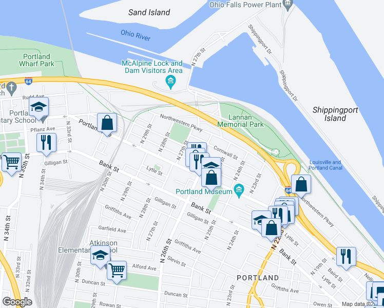 map of restaurants, bars, coffee shops, grocery stores, and more near 2616 Montgomery Street in Louisville