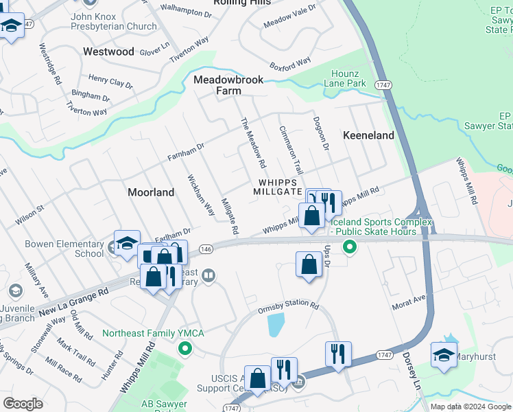 map of restaurants, bars, coffee shops, grocery stores, and more near 1707 Meadowgate Lane in Louisville