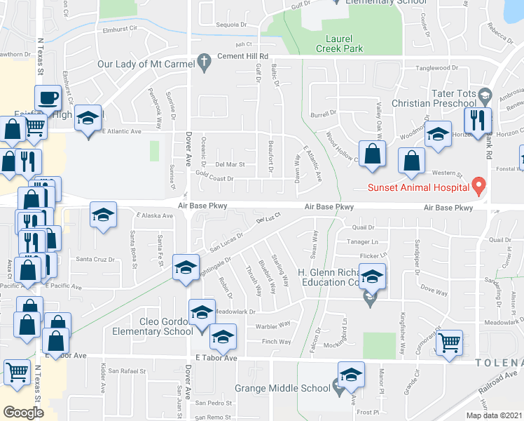 map of restaurants, bars, coffee shops, grocery stores, and more near 215 Del Luz Court in Fairfield