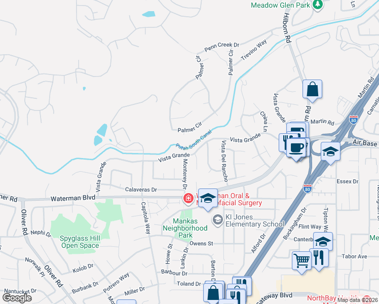 map of restaurants, bars, coffee shops, grocery stores, and more near 2792 Vista Grande in Fairfield
