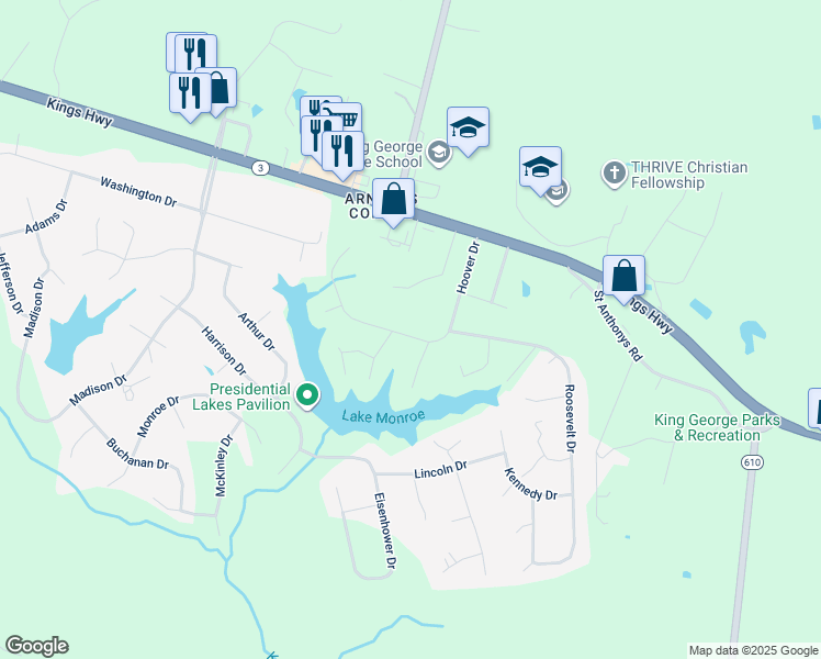 map of restaurants, bars, coffee shops, grocery stores, and more near 8289 Hoover Drive in King George