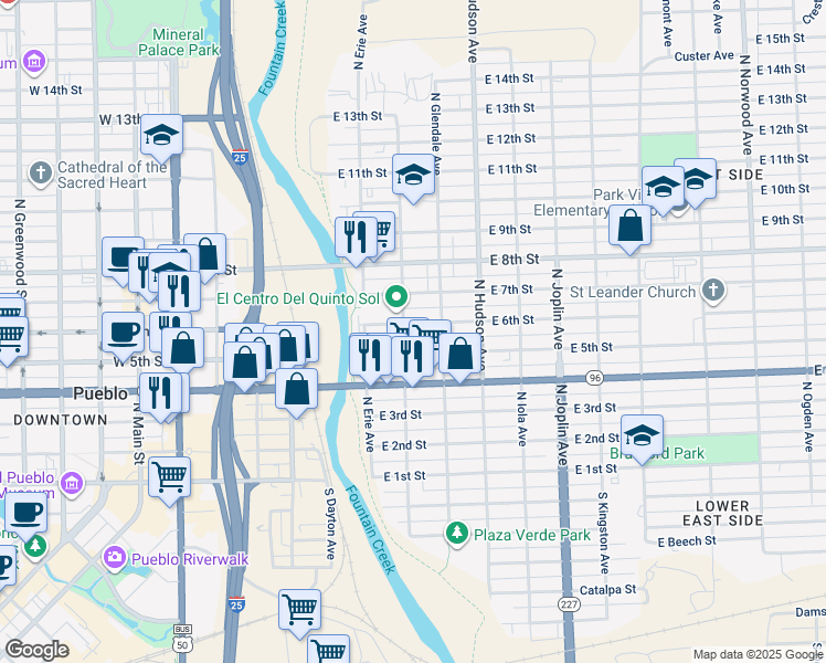 map of restaurants, bars, coffee shops, grocery stores, and more near 704 East 6th Street in Pueblo